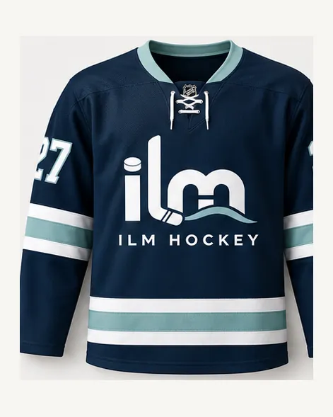 ILM Hockey home jersey in navy with coastal blue and white trim