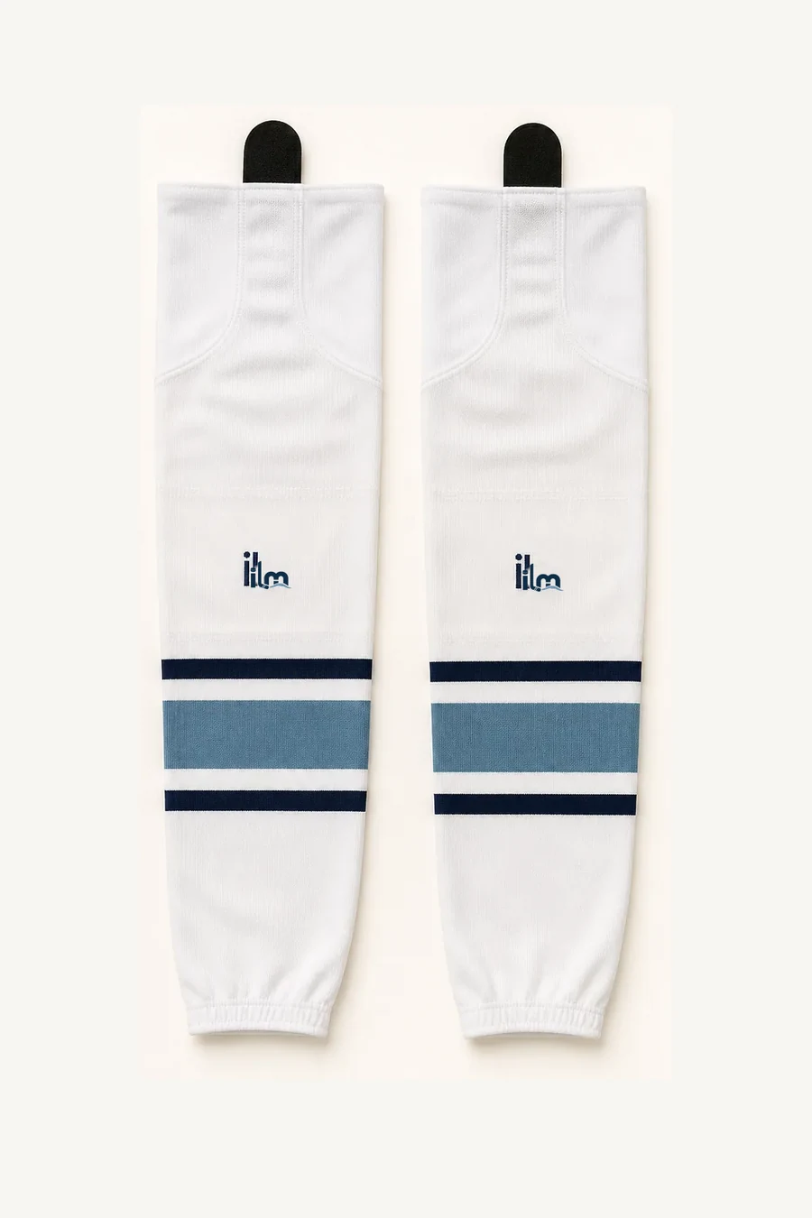 ILM Hockey away socks in ice white with navy and coastal blue striping
