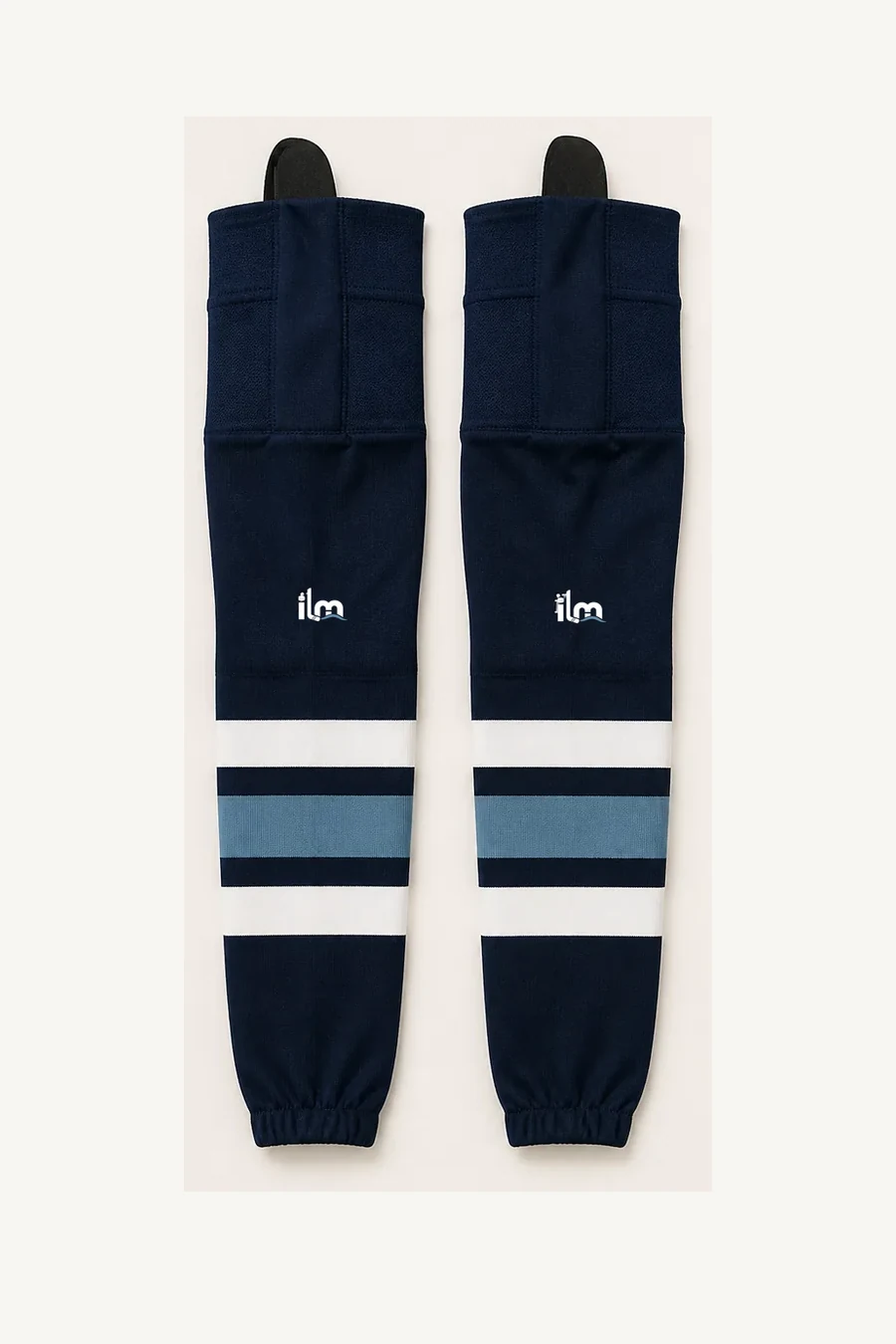 ILM Hockey home socks in deep navy with ice white and coastal blue striping