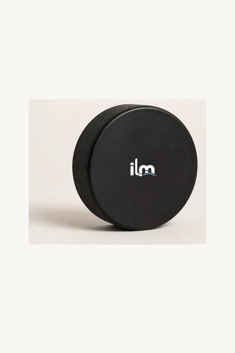 Black ILM Hockey practice puck with white full logo