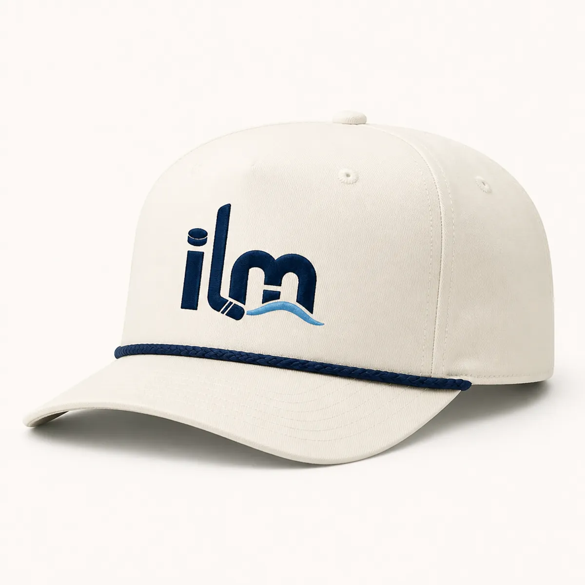 Off white ILM Hockey performance rope cap with navy braided rope